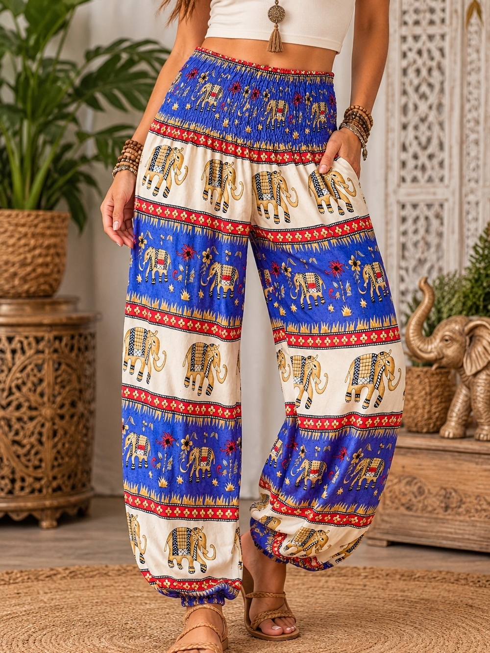 Harem Pants Womens One Size Blue Elephant Jogger Boho Gringo Smocked Waist Yoga